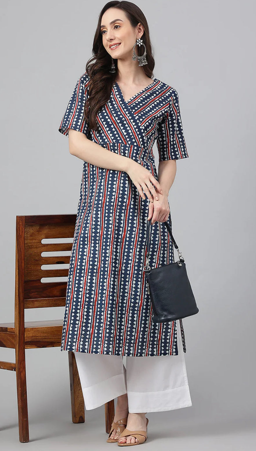 Navy Blue Cotton Geometric Straight Kurta Silae