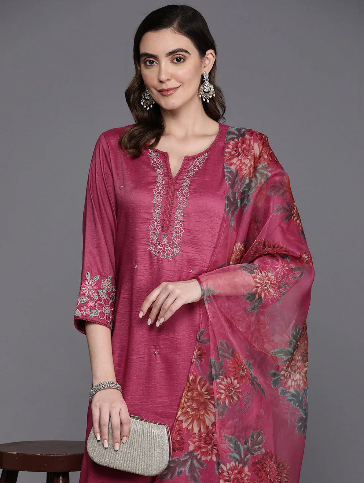Pink Embroidered Straight Kurta Trousers With Dupatta Set Indo-Silae