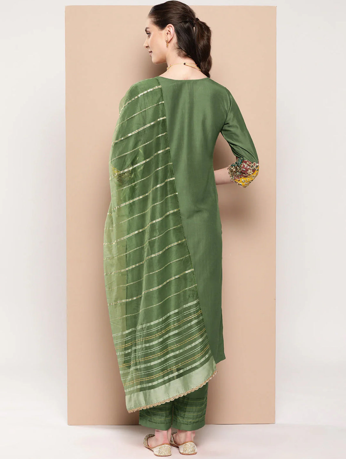 Green Embroidered Straight Kurta Trousers With Dupatta Set