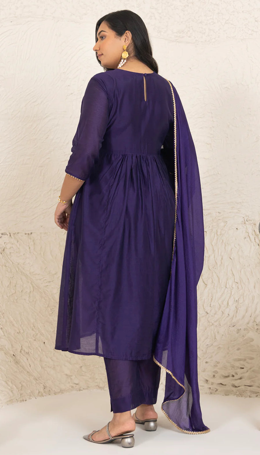 Purple Chanderi Yoke Embroidery A-Line Kurta Set