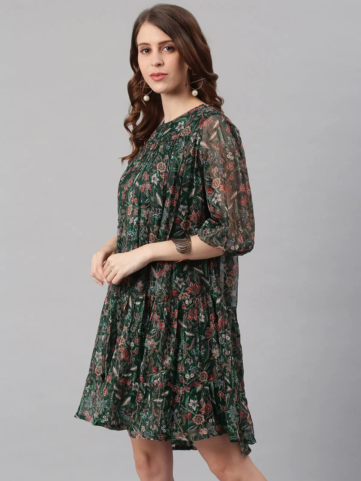 Women's Green Poly Georgette Floral Flared Western Dress My Store