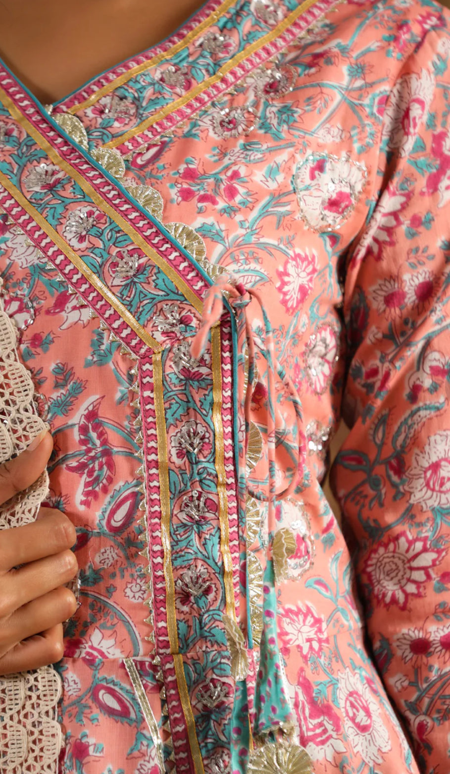 Peach Cotton Embellished Kurta with Pant and Dupatta
