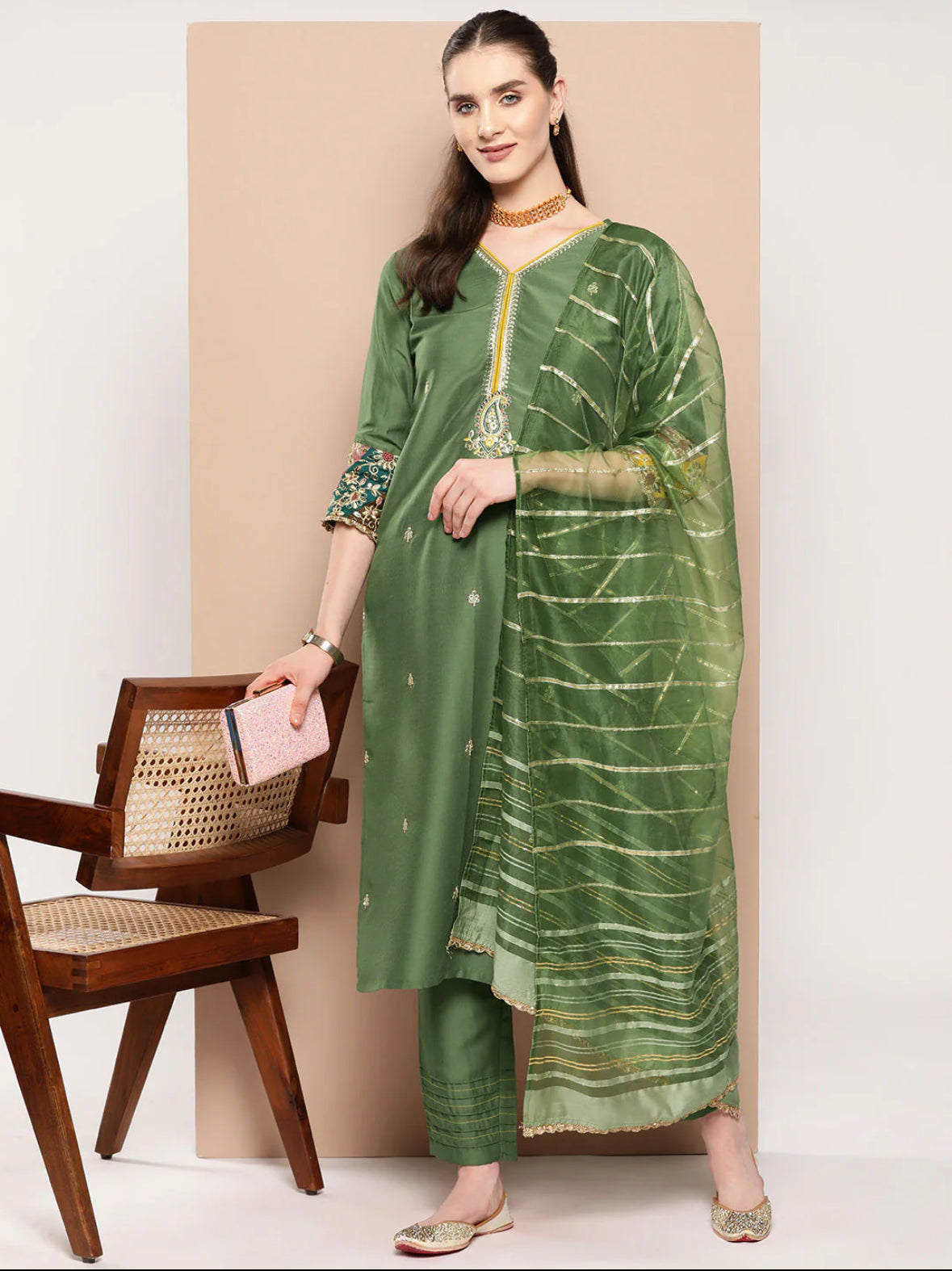 Green Embroidered Straight Kurta Trousers With Dupatta Set
