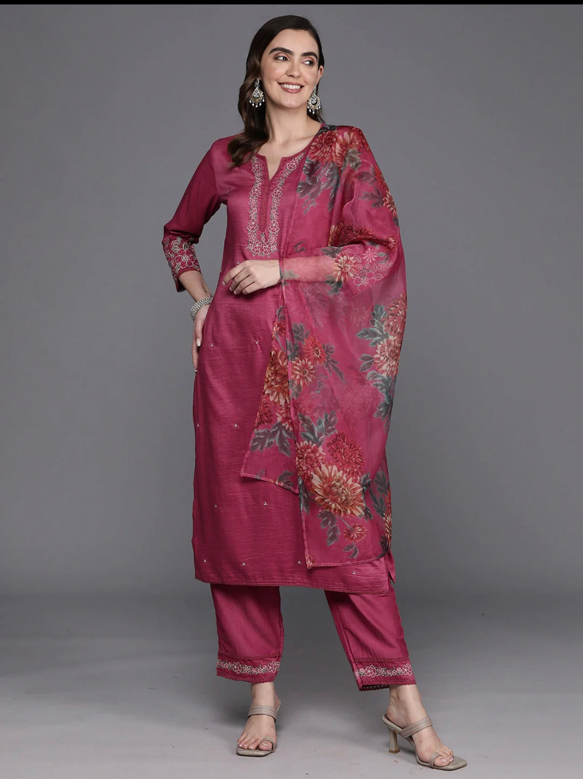 Pink Embroidered Straight Kurta Trousers With Dupatta Set Indo-Silae