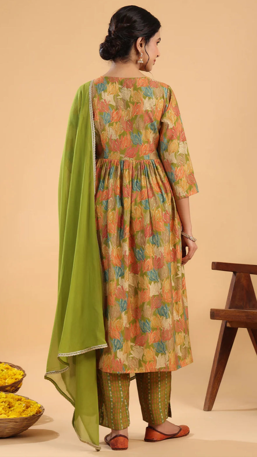 Multicolor Chanderi Blend Floral Gathered Kurta Set
