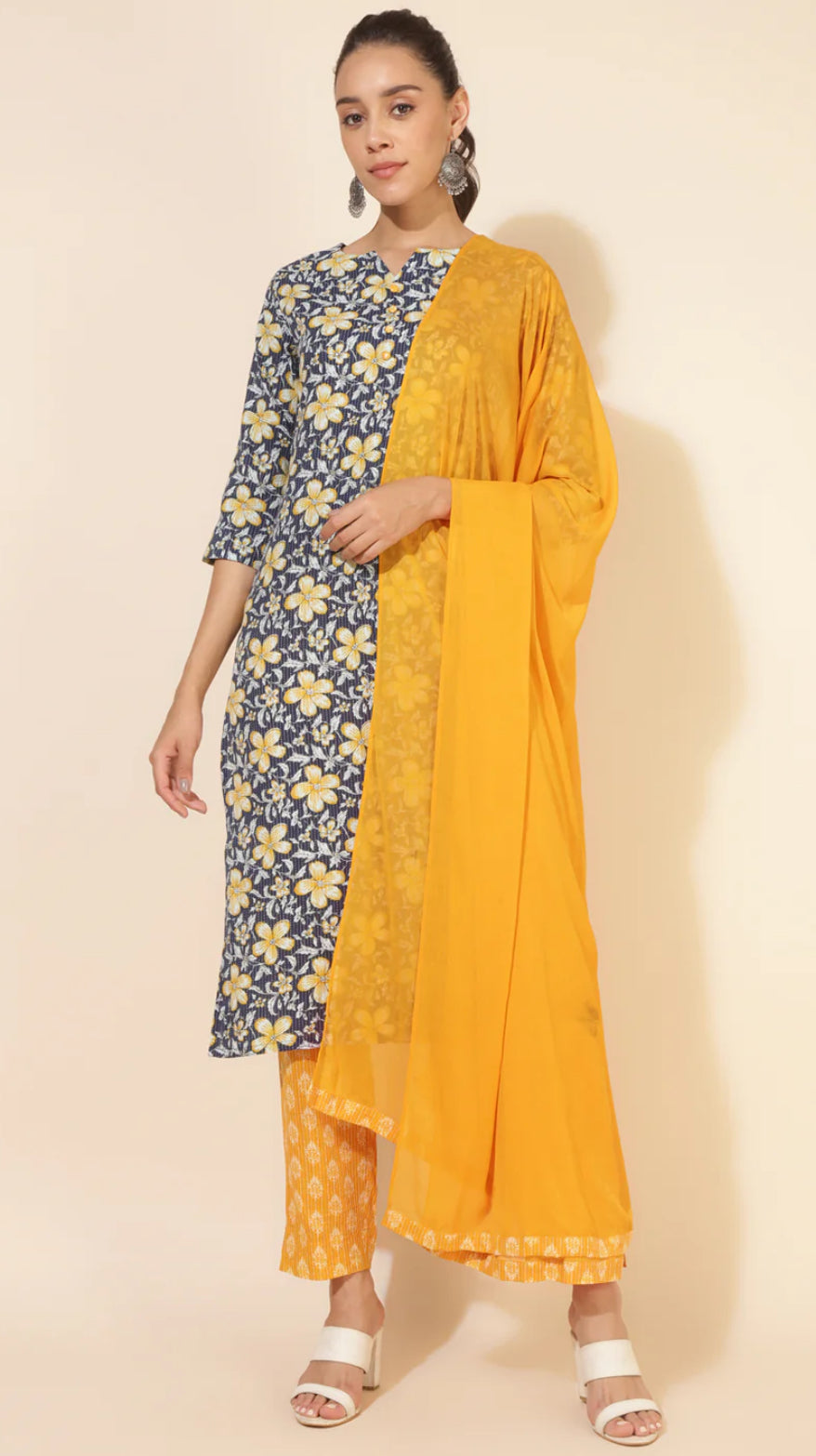 Blue Cotton Floral Regular Kurta Set