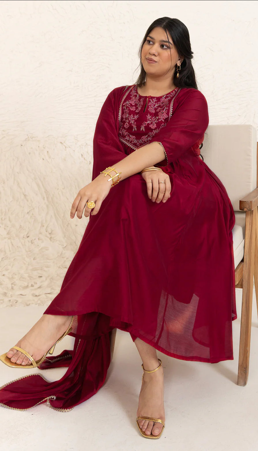 Red Chanderi Embellished Kurta with Palazzo and Dupatta