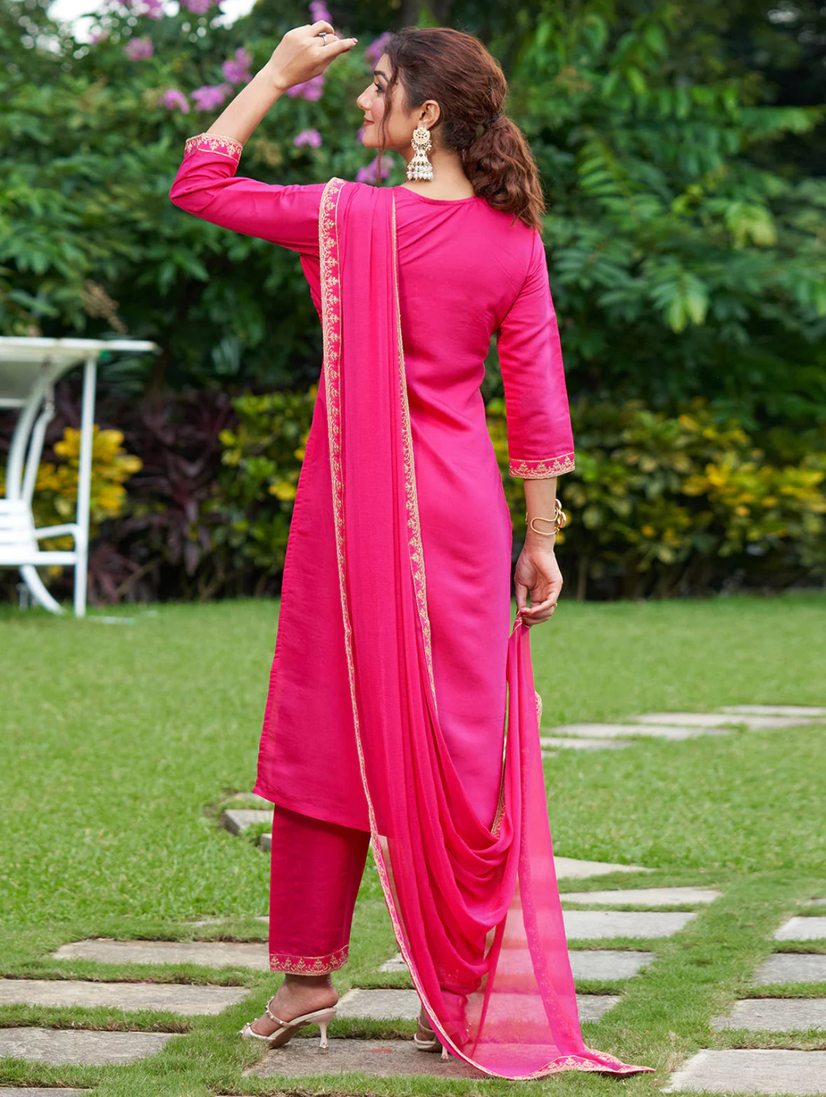 Pink Embroidered Straight Kurta Trousers With Dupatta Set