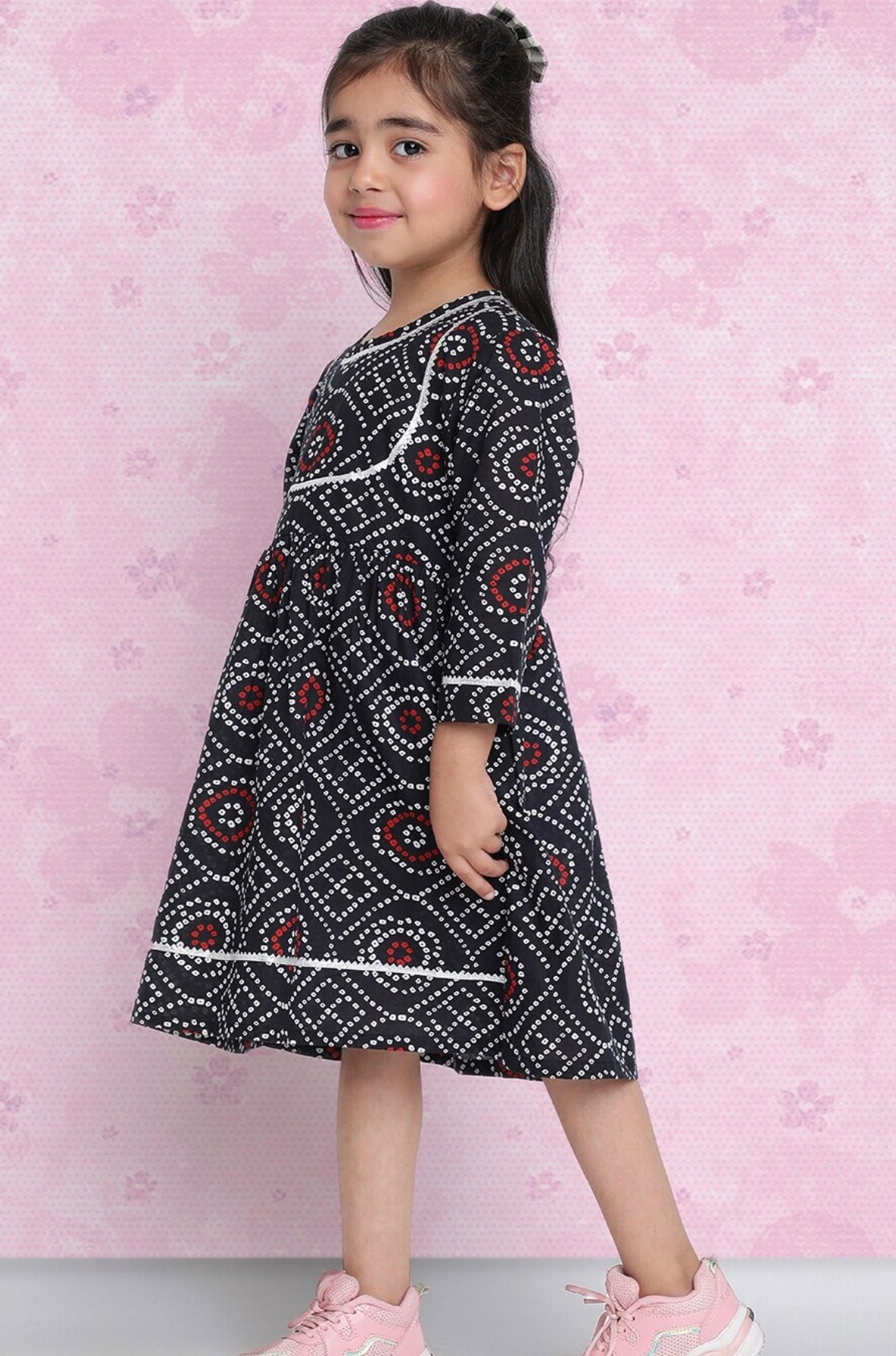 Girls Black Ethnic Print Pure Cotton Fit & Flare Dress Indo-Silae
