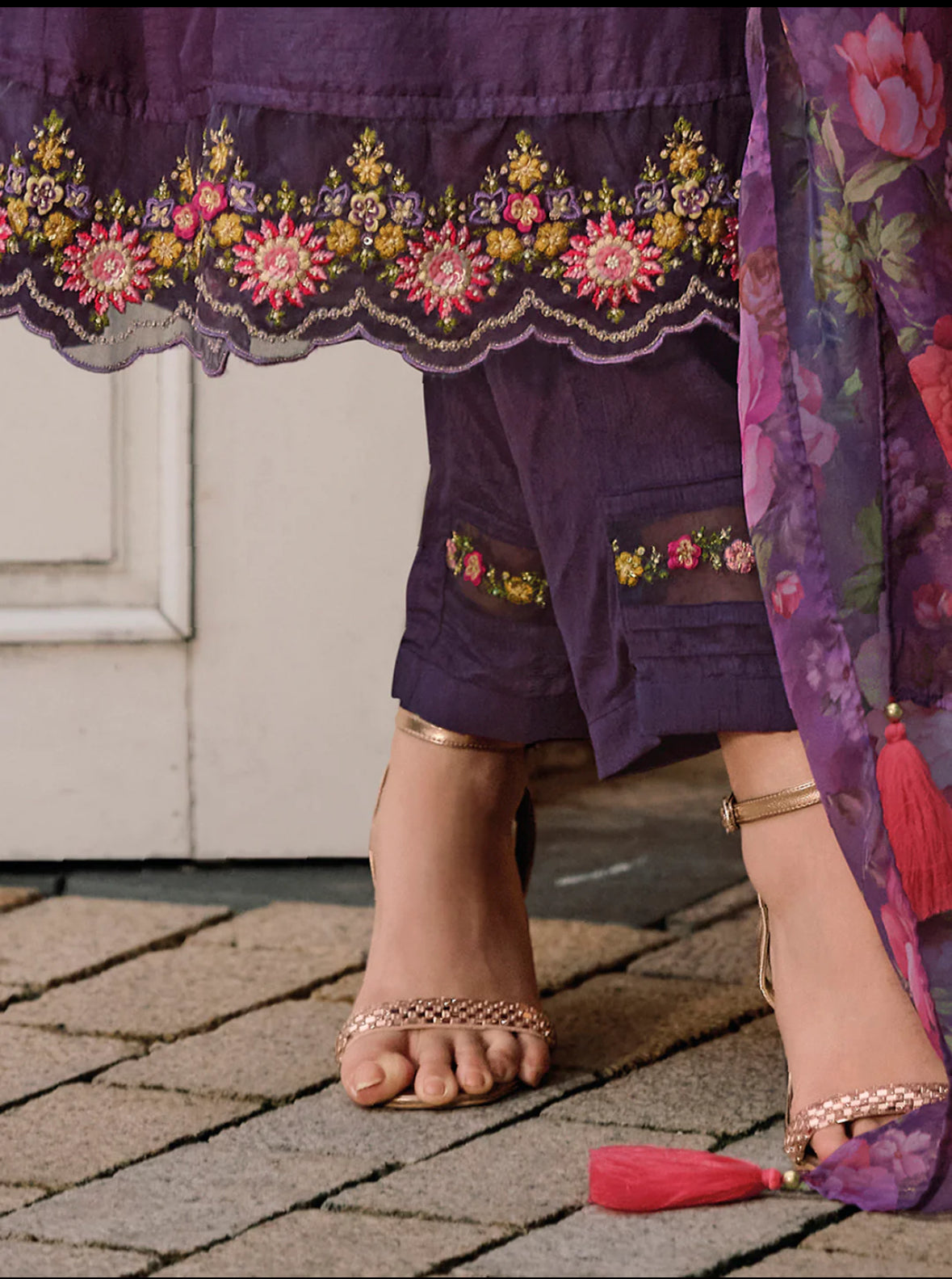 Purple Embroidered A-Line Kurta Trousers With Dupatta Set