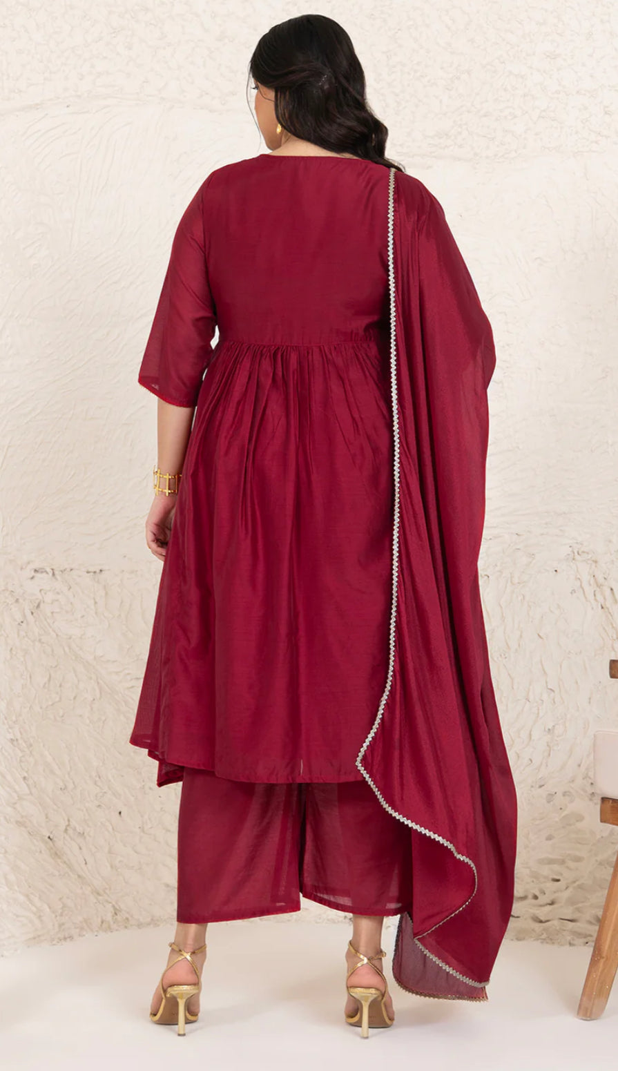 Red Chanderi Embellished Kurta with Palazzo and Dupatta