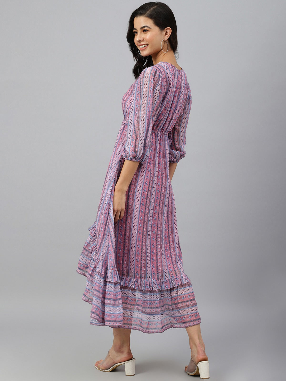 Women's Pink Dobby Georgette Digital Print High Low Western Dress My Store