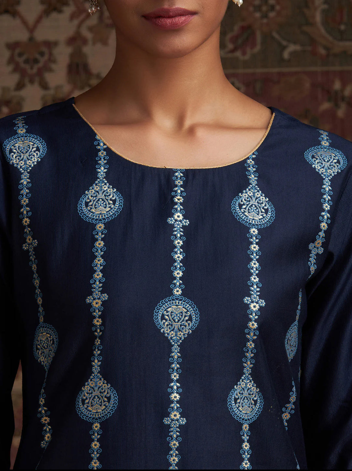 Navy Blue Embroidered Straight Kurta Palazzos With Dupatta Set Indo-Silae
