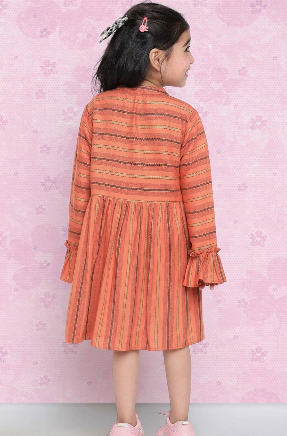 Girls Orange Striped Pure Cotton Fit & Flare Dress Indo-Silae