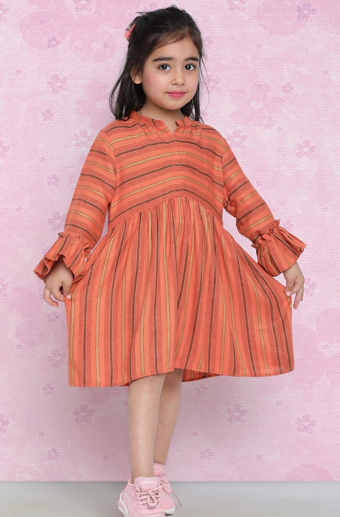 Girls Orange Striped Pure Cotton Fit & Flare Dress Indo-Silae