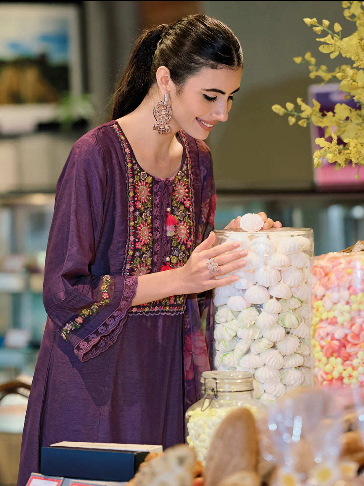Purple Embroidered A-Line Kurta Trousers With Dupatta Set
