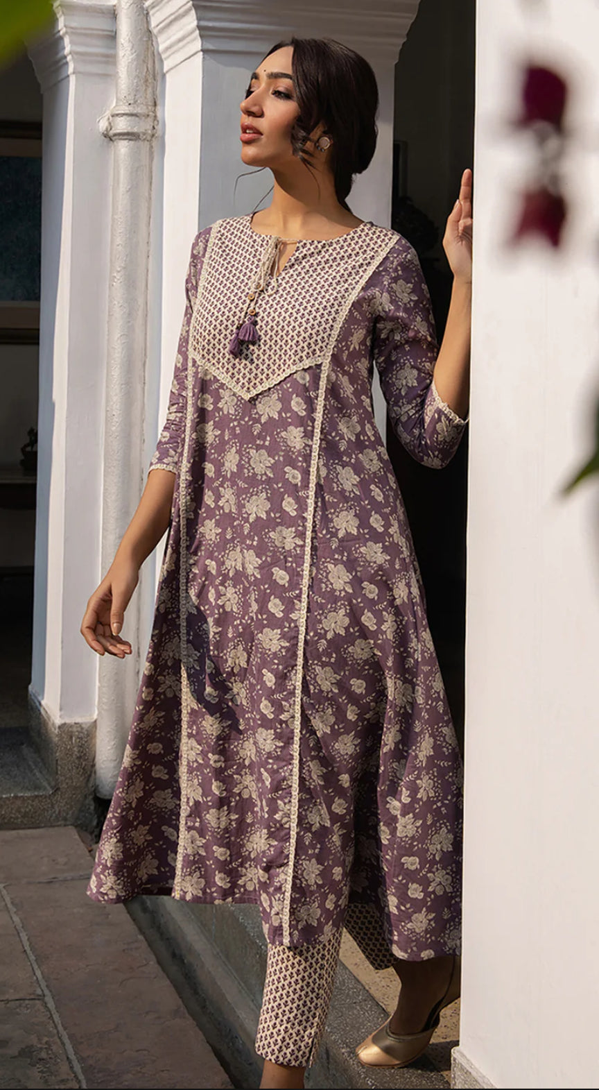 Purple Cotton Floral A-Line Kurta Set
