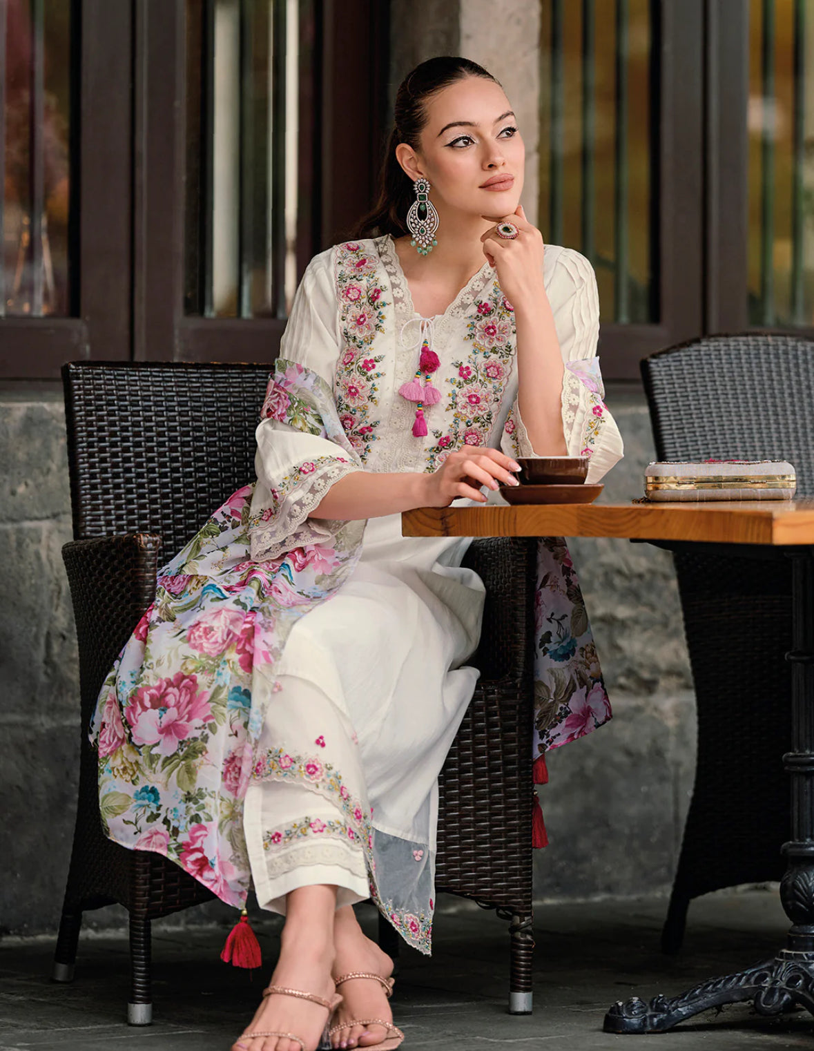 White Embroidered A-Line Kurta Trousers With Dupatta Set Indo-Silae