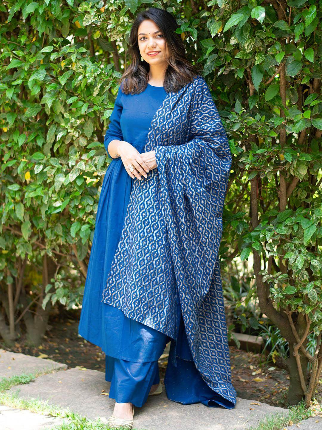 Blue Cotton Solid Kurta With Palazzo And Dupatta Silae