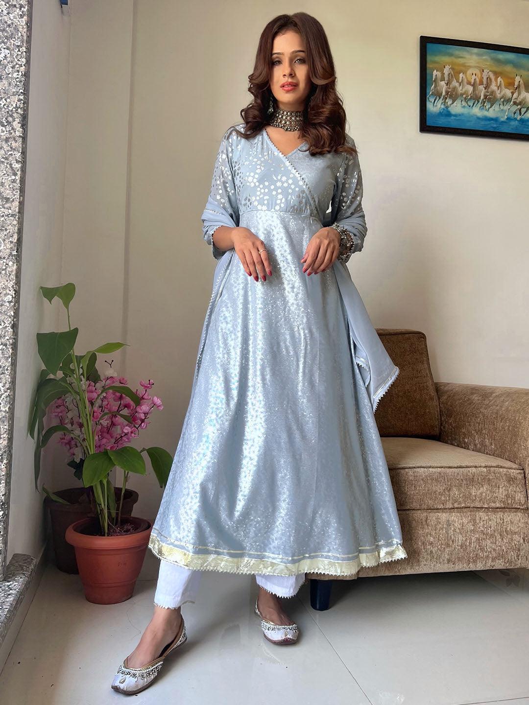 Grey Georgette Foil Print Kurta With Dupatta