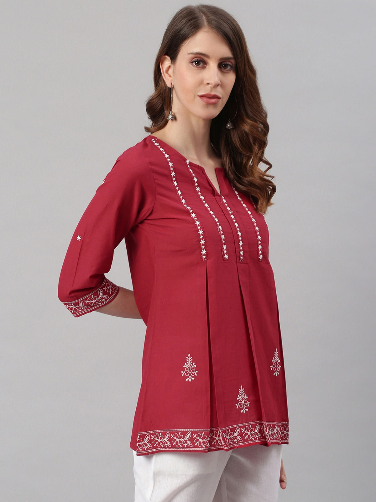 Women's Maroon Cotton Embroidered Trapeze Tunic My Store