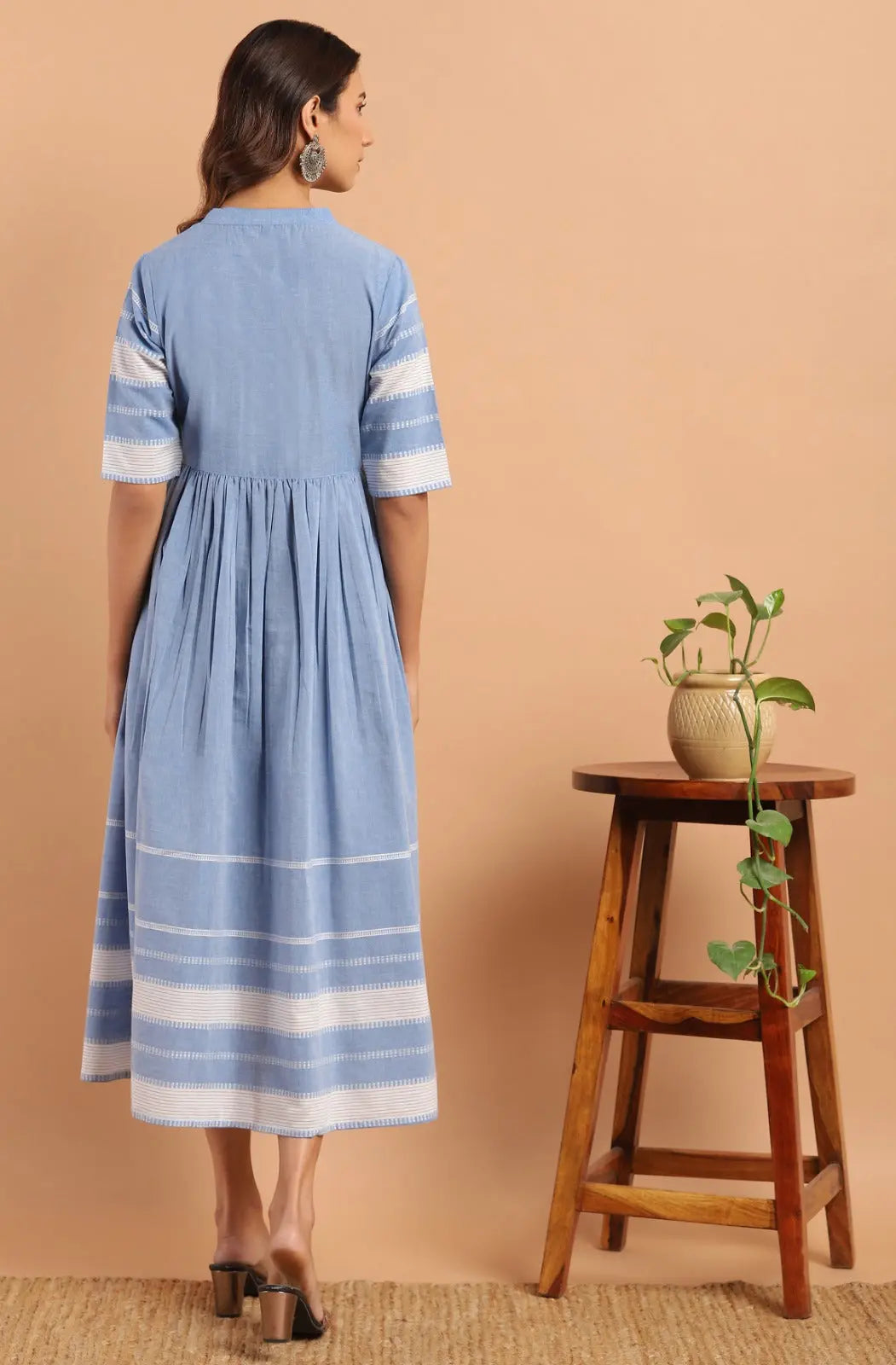 Women's Blue Cotton Floral Flared Western Dress My Store