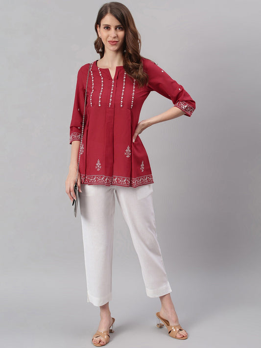 Women's Maroon Cotton Embroidered Trapeze Tunic My Store
