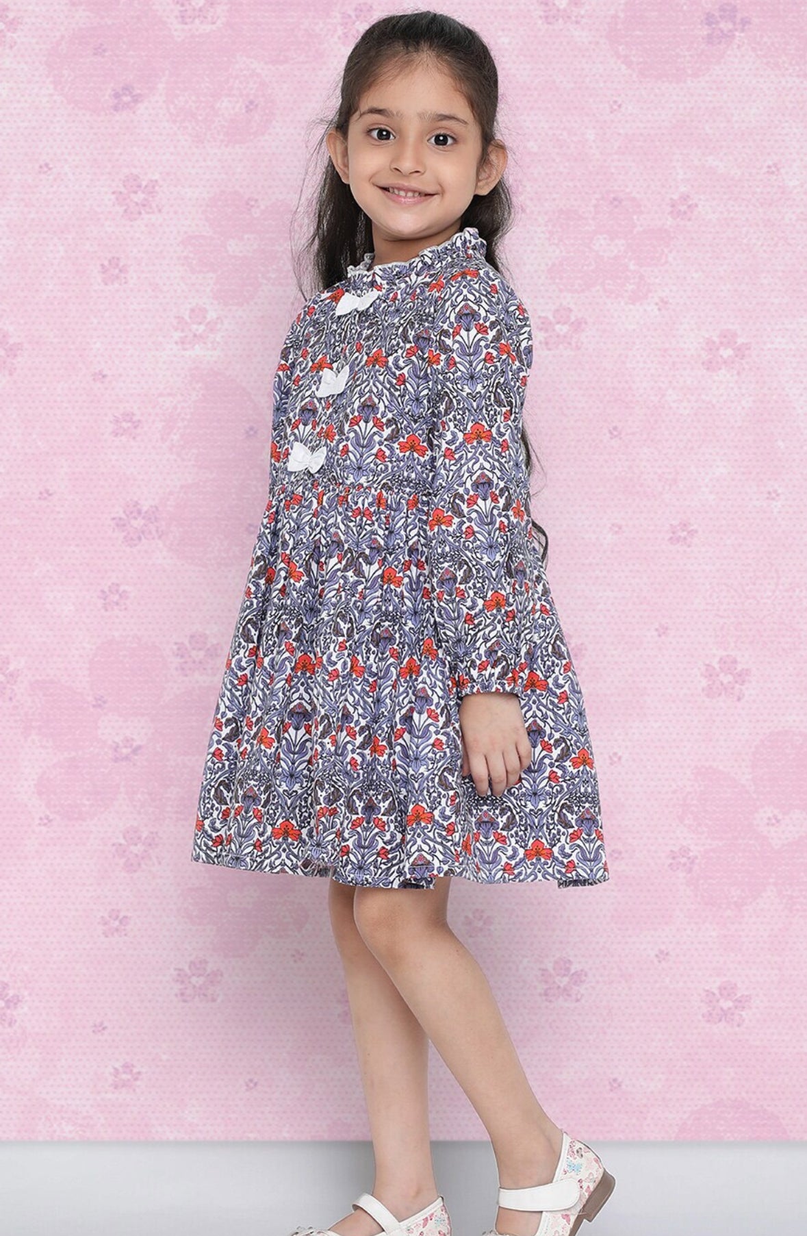 Girls Purple Floral Printed Cotton A-Line Dress