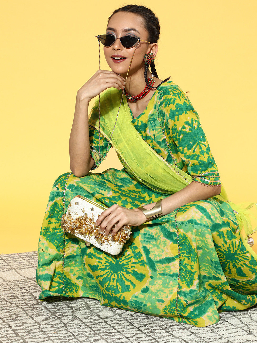 Indo Era Green Tie & Dye A-Line Kurta Palazzo With Dupatta Set