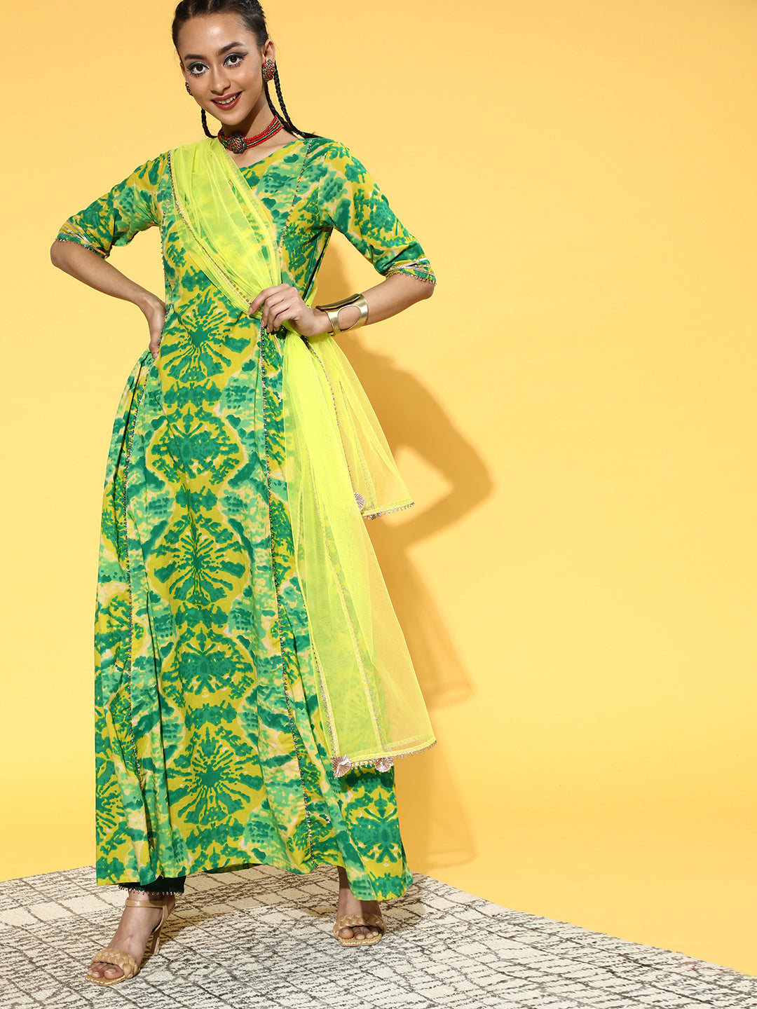 Indo Era Green Tie & Dye A-Line Kurta Palazzo With Dupatta Set