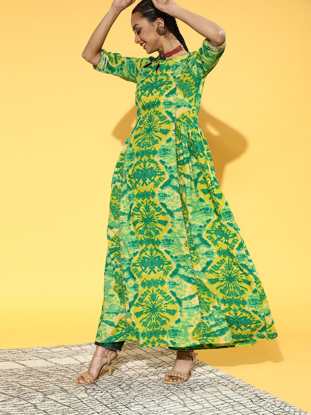 Indo Era Green Tie & Dye A-Line Kurta Palazzo With Dupatta Set