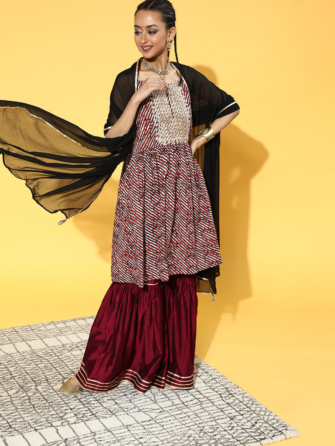 Maroon Tie & Dye A-Line Kurta Sharara With Dupatta Set