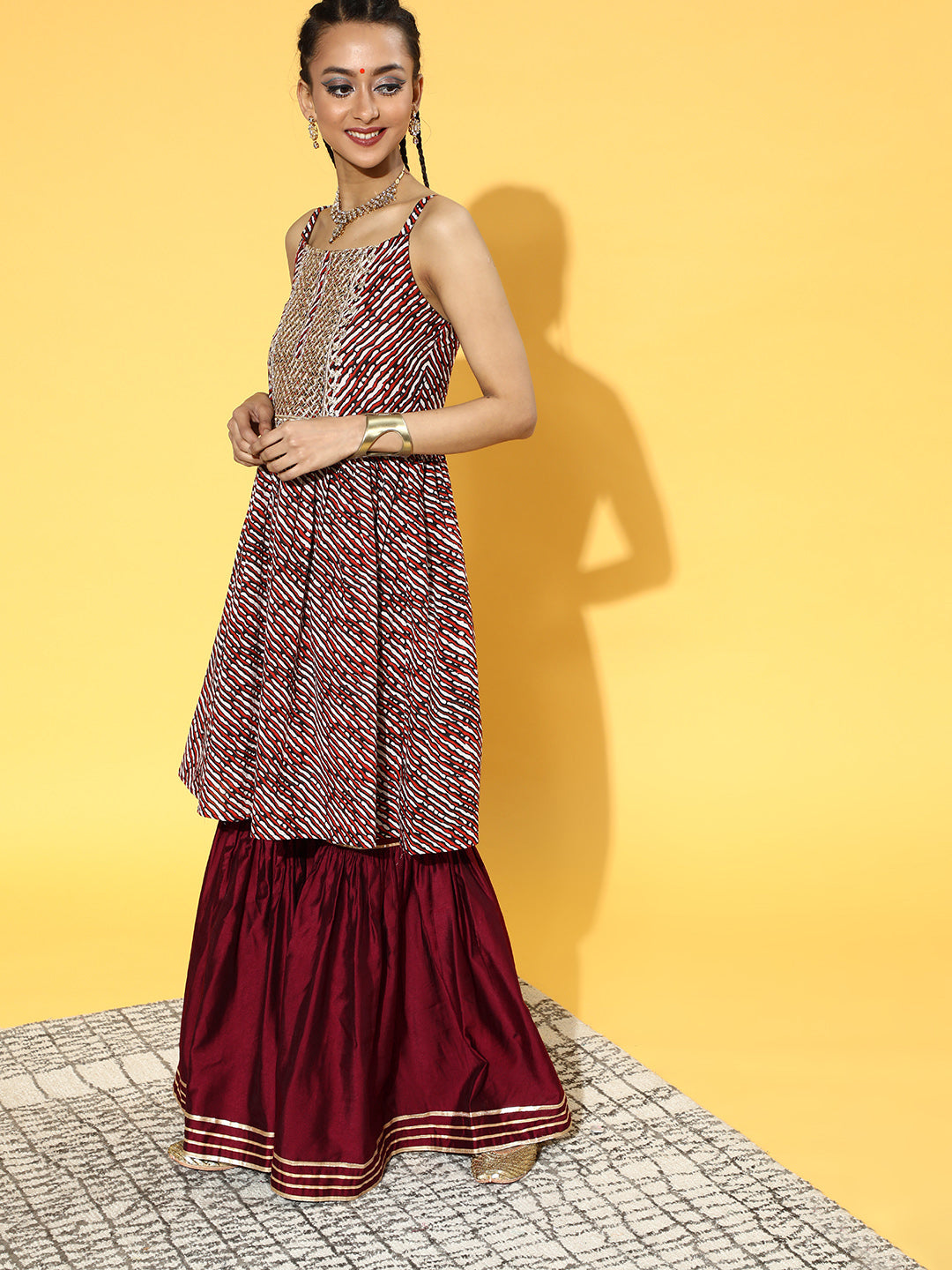 Maroon Tie & Dye A-Line Kurta Sharara With Dupatta Set