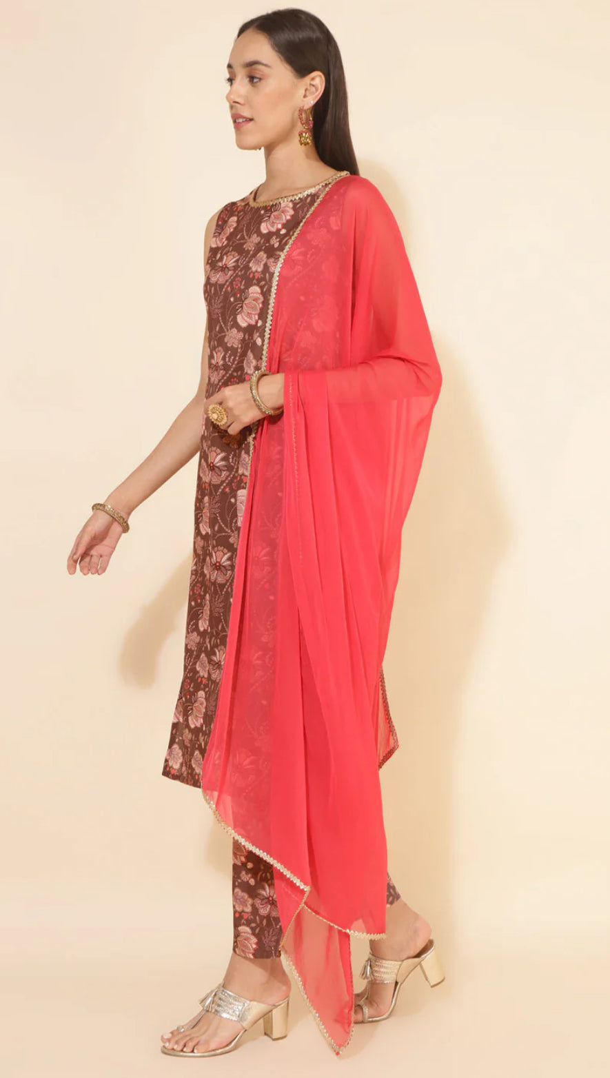 Brown Crepe Digital Floral Printed Kurta with Pant and Dupatta