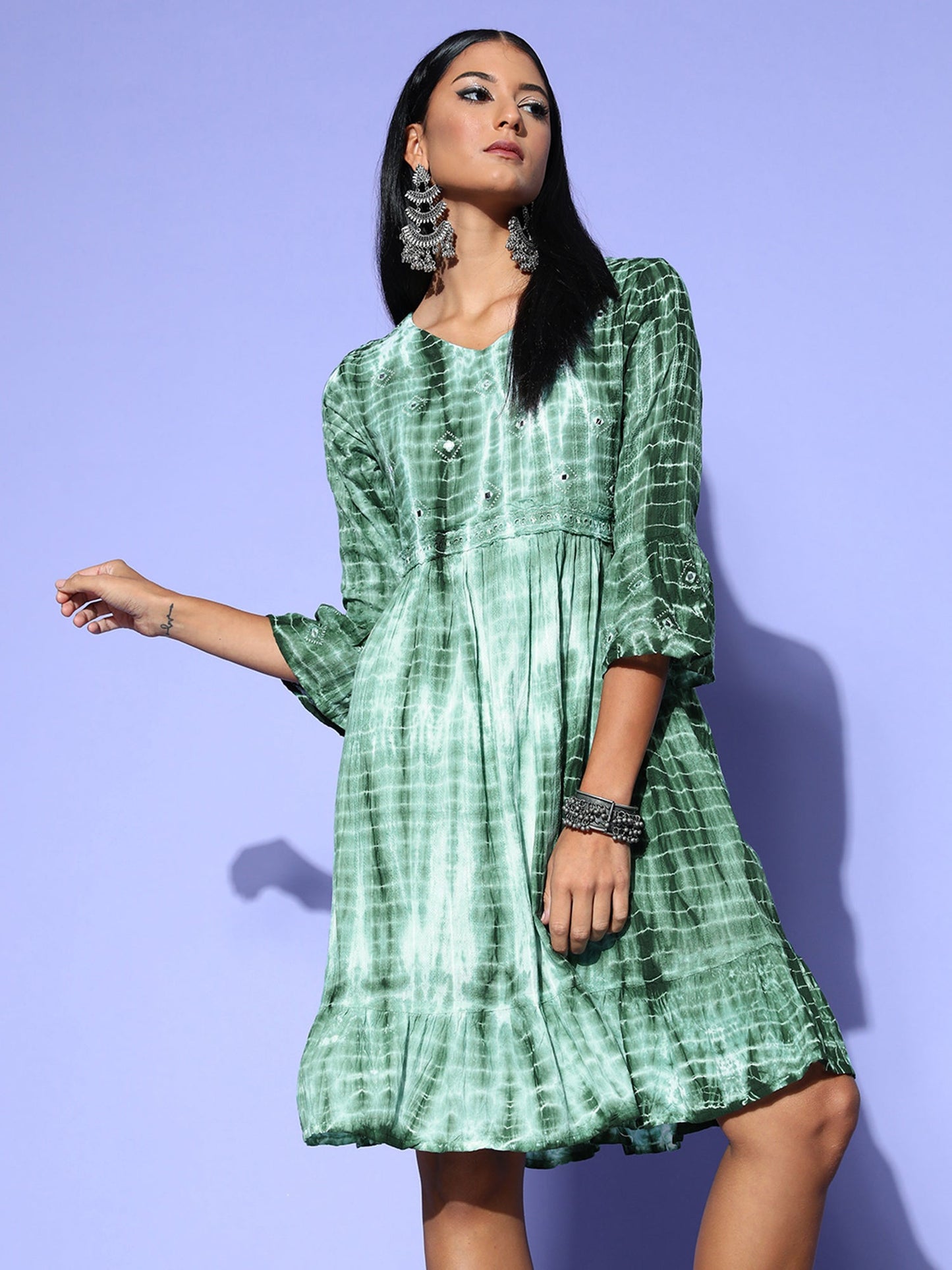 Indo Era Green Dyed A-line Dresses