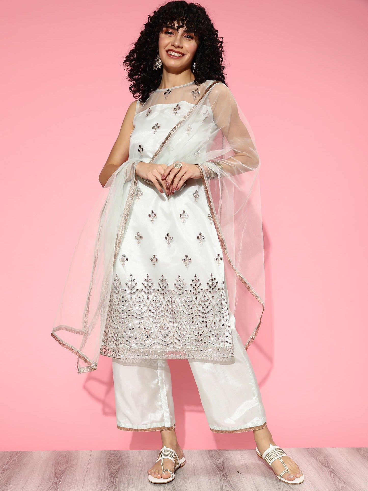 Indo Era White Embroidered Straight Kurta Palazzos With Dupatta Set