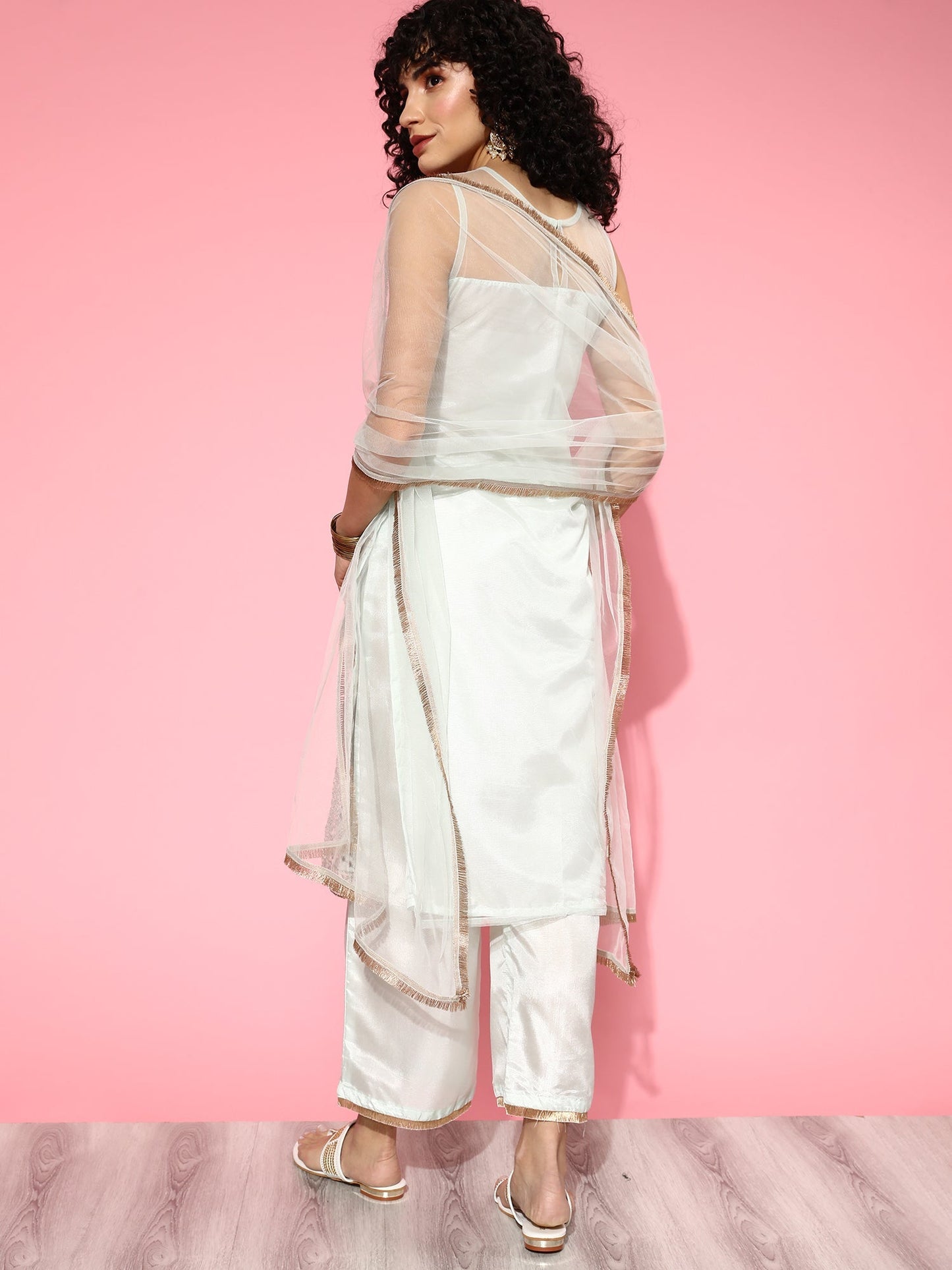 Indo Era White Embroidered Straight Kurta Palazzos With Dupatta Set