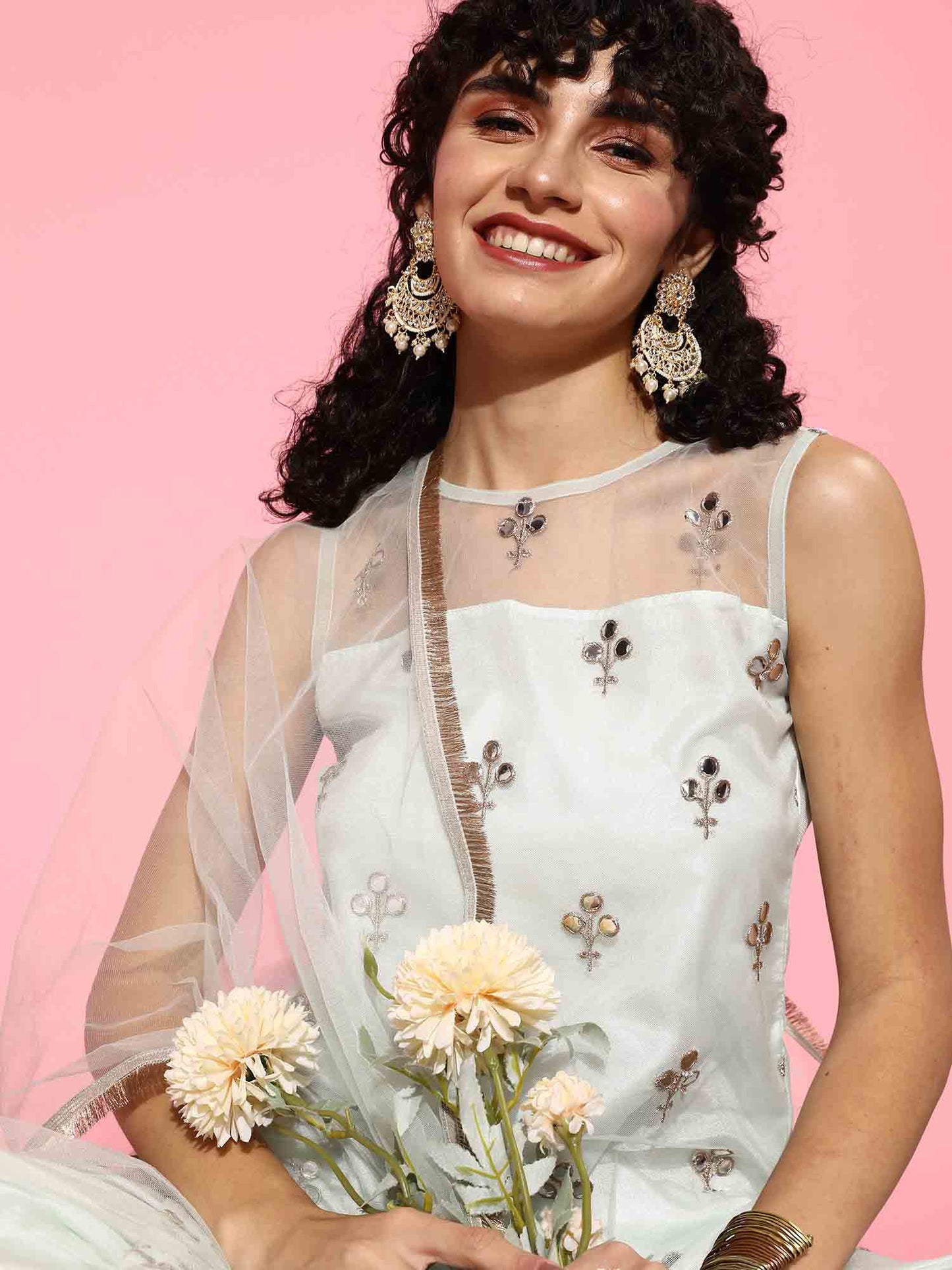 Indo Era White Embroidered Straight Kurta Palazzos With Dupatta Set