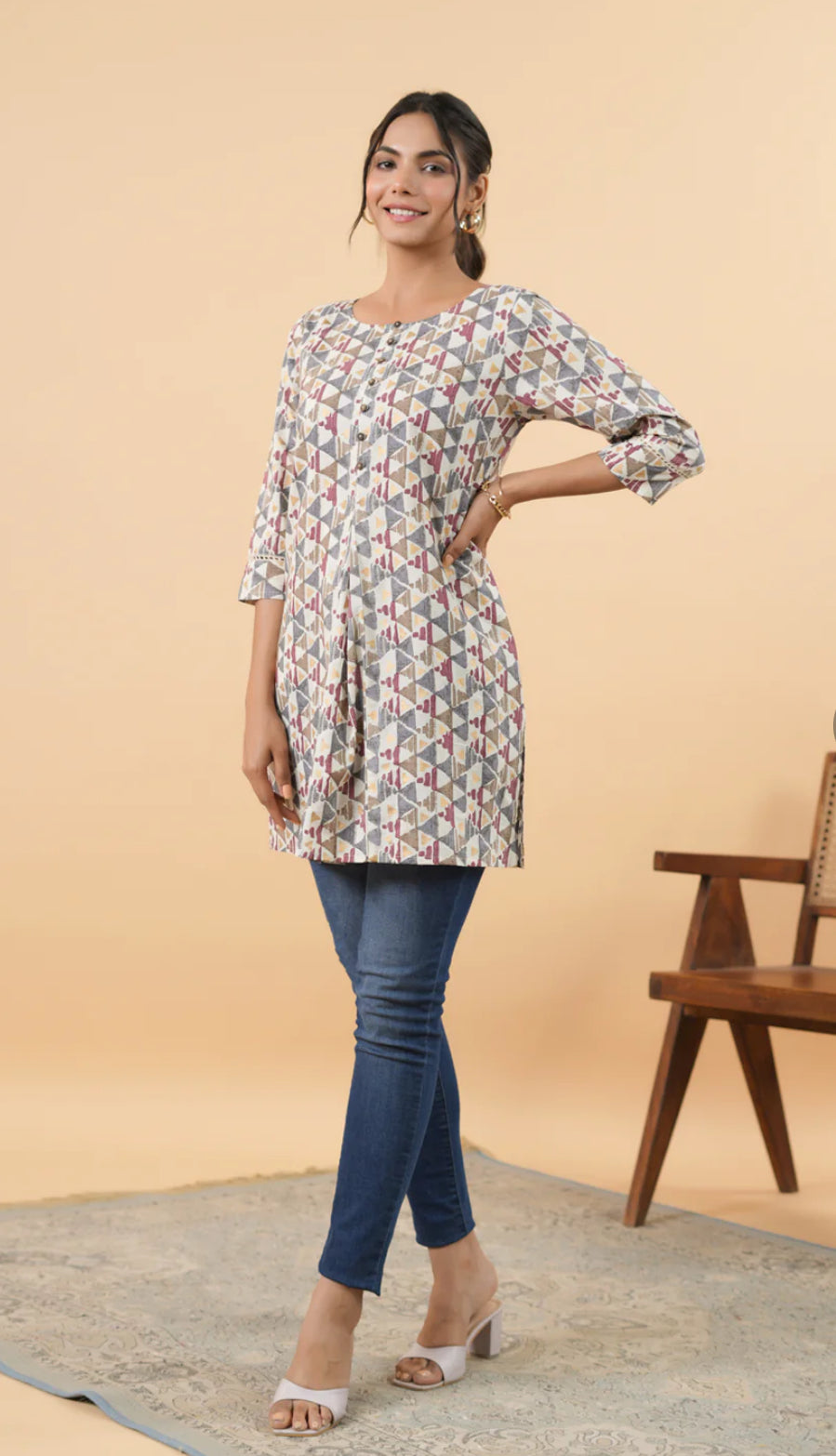 Off White Cotton Geometric Regular Tunic