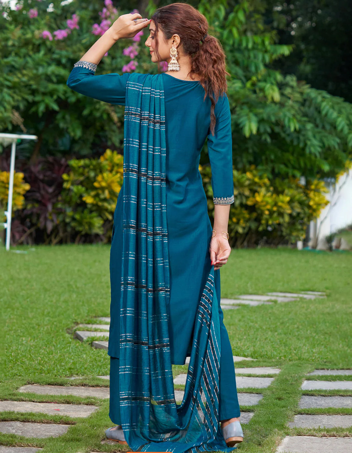 Teal Embroidered Straight Kurta Trousers With Dupatta Set