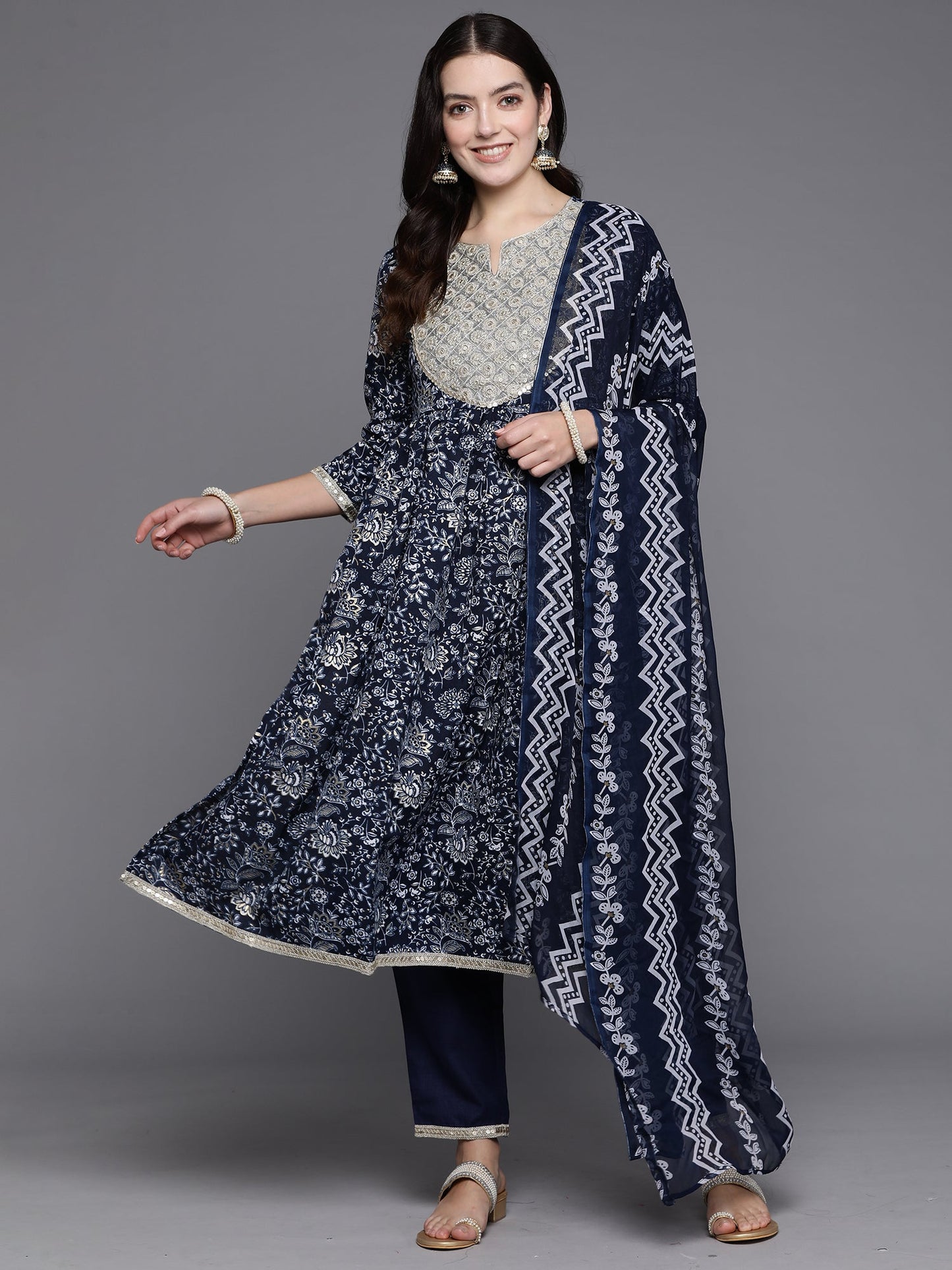 Indo Era Blue Embroidered A-Line Kurta Trousers With Dupatta Set