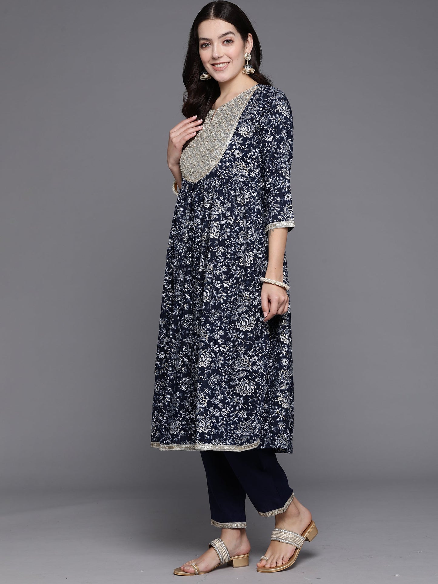 Indo Era Blue Embroidered A-Line Kurta Trousers With Dupatta Set