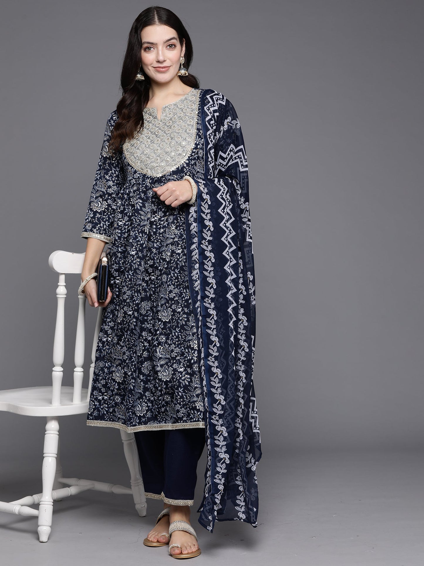 Indo Era Blue Embroidered A-Line Kurta Trousers With Dupatta Set
