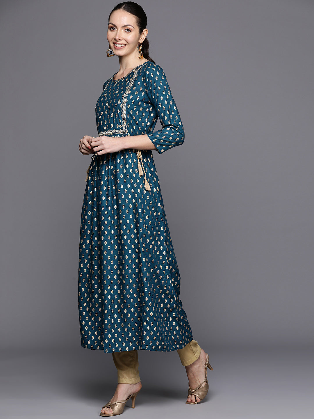 Blue Ethnic Motifs Printed Mirror Work & Tie-Up Detail A-Line Kurta
