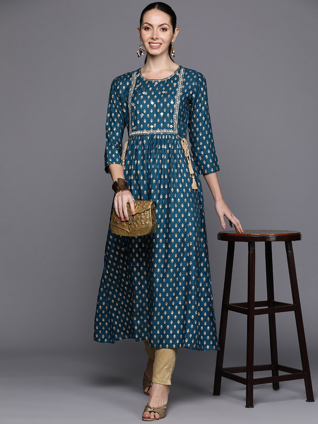 Blue Ethnic Motifs Printed Mirror Work & Tie-Up Detail A-Line Kurta