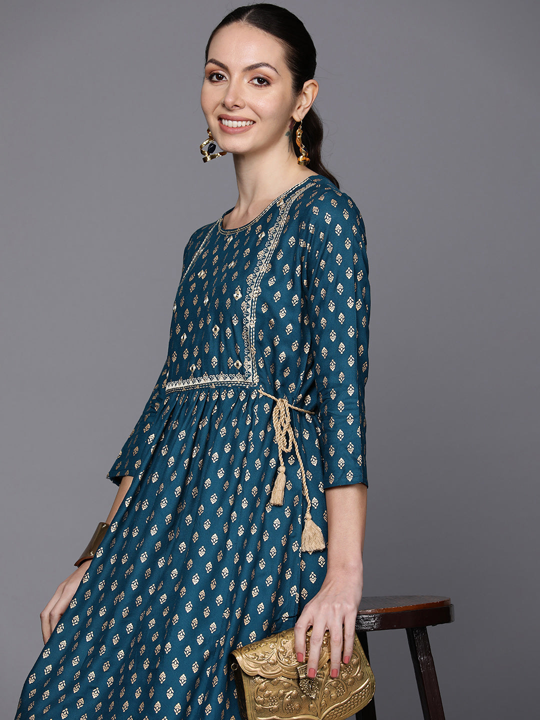 Blue Ethnic Motifs Printed Mirror Work & Tie-Up Detail A-Line Kurta