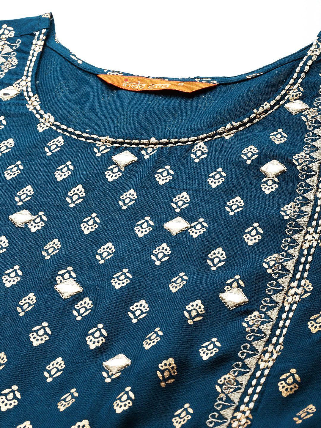 Blue Ethnic Motifs Printed Mirror Work & Tie-Up Detail A-Line Kurta