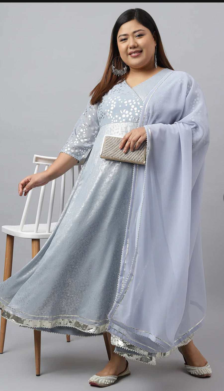 Grey Georgette Foil Printed Kurta with Dupatta