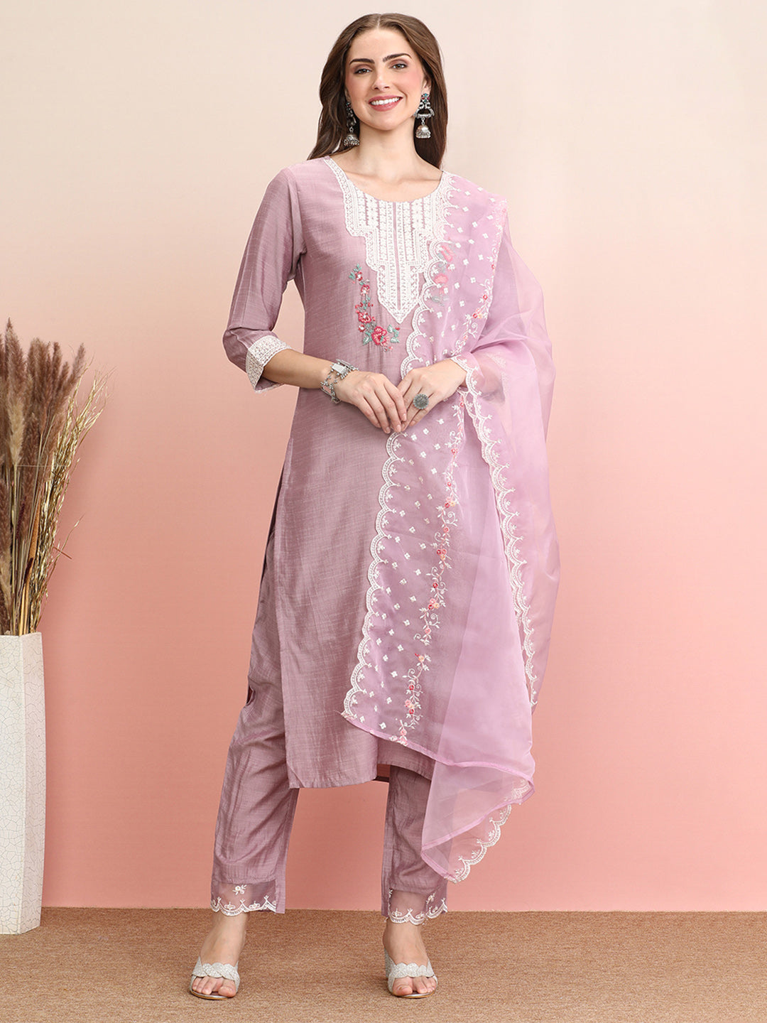 Indo Era Lavender Embroidered Straight Kurta Trousers With Dupatta Set