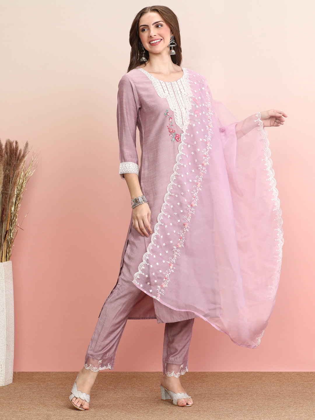 Indo Era Lavender Embroidered Straight Kurta Trousers With Dupatta Set